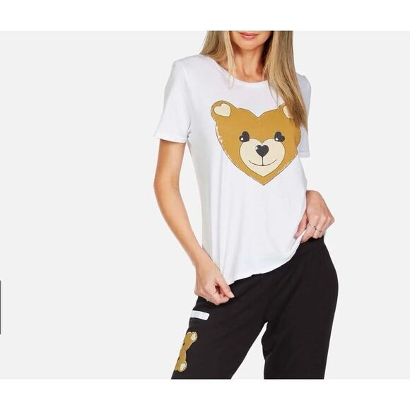 NWOT Lauren Moshi Ultra Soft Lightweight Heart Teddy Bear Print Tee Shirt Small - Picture 1 of 12